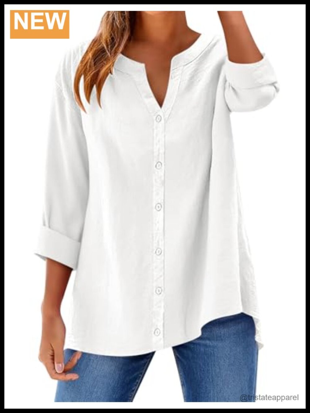 Women's Cotton Linen V-Neck Button Up Shirt Long Sleeve Loose Casual Top
